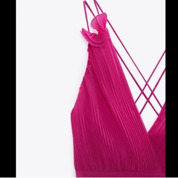 Zara Fuchsia Pleated Flower Maxi Dress Small - Picture 4 of 7